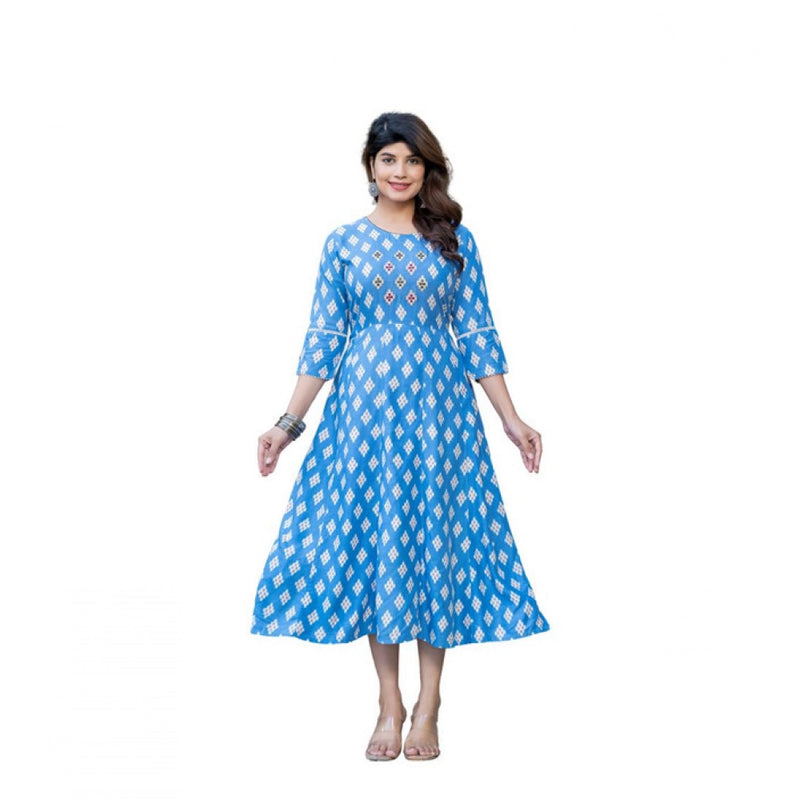 Mayawye Women's Rayon Print With Embroidery Work A-Line Kurti (Sky Blue)