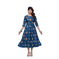 Mayawye Women's Rayon Print With Embroidery Work A-Line Kurti (Navy Blue)