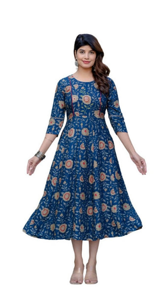 Mayawye Women's Rayon Print With Embroidery Work A-Line Kurti (Navy Blue)