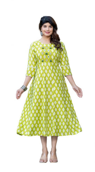 Mayawye Women's Rayon Print With Embroidery Work A-Line Kurti (Parrot)