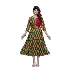 Mayawye Women's Rayon Print With Embroidery Work A-Line Kurti (Dark Green)