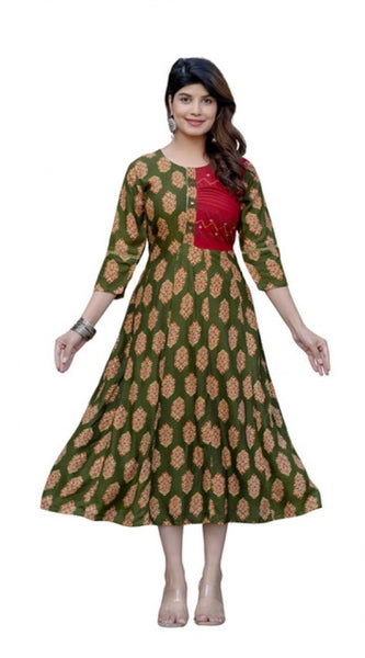 Mayawye Women's Rayon Print With Embroidery Work A-Line Kurti (Dark Green)