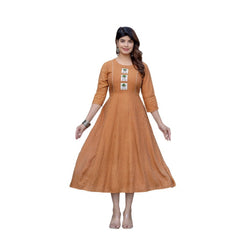 Mayawye Women's Rayon Print With Embroidery Work A-Line Kurti (Rust)