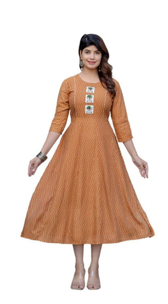 Mayawye Women's Rayon Print With Embroidery Work A-Line Kurti (Rust)
