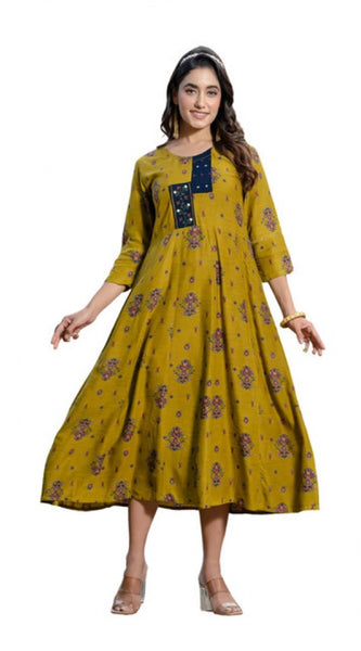 Mayawye Women's Rayon Print With Embroidery Work A-Line Kurti (Mehendi)