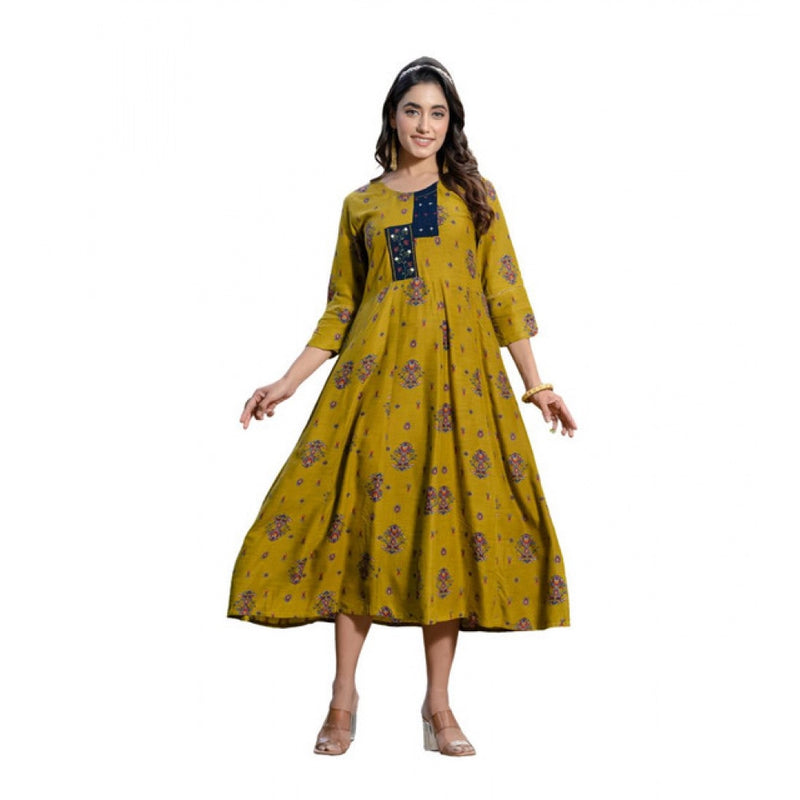 Mayawye Women's Rayon Print With Embroidery Work A-Line Kurti (Mehendi)