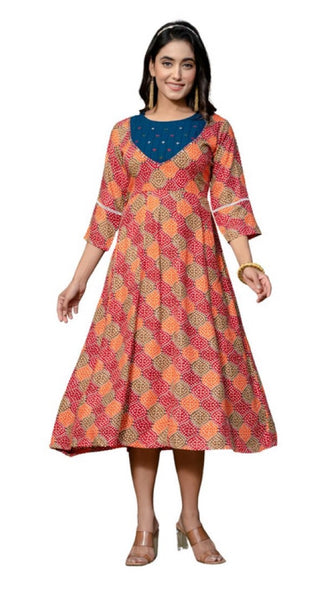 Mayawye Women's Rayon Print With Embroidery Work A-Line Kurti (Multicolor)
