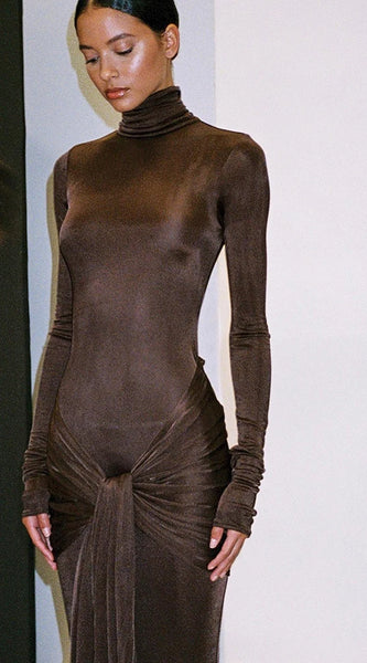 High Neck Long Sleeve Bodycon Dress for Women Tight Elastic Lace up Maxi Long Dress Autumn 2023 New Party Club Vestidos