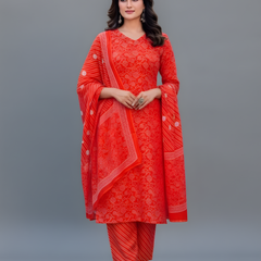 Mayawye Women's Cotton Blend Printed Kurti With Pant Dupatta Set (Orange)