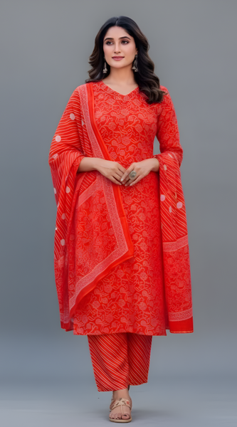 Mayawye Women's Cotton Blend Printed Kurti With Pant Dupatta Set (Orange)