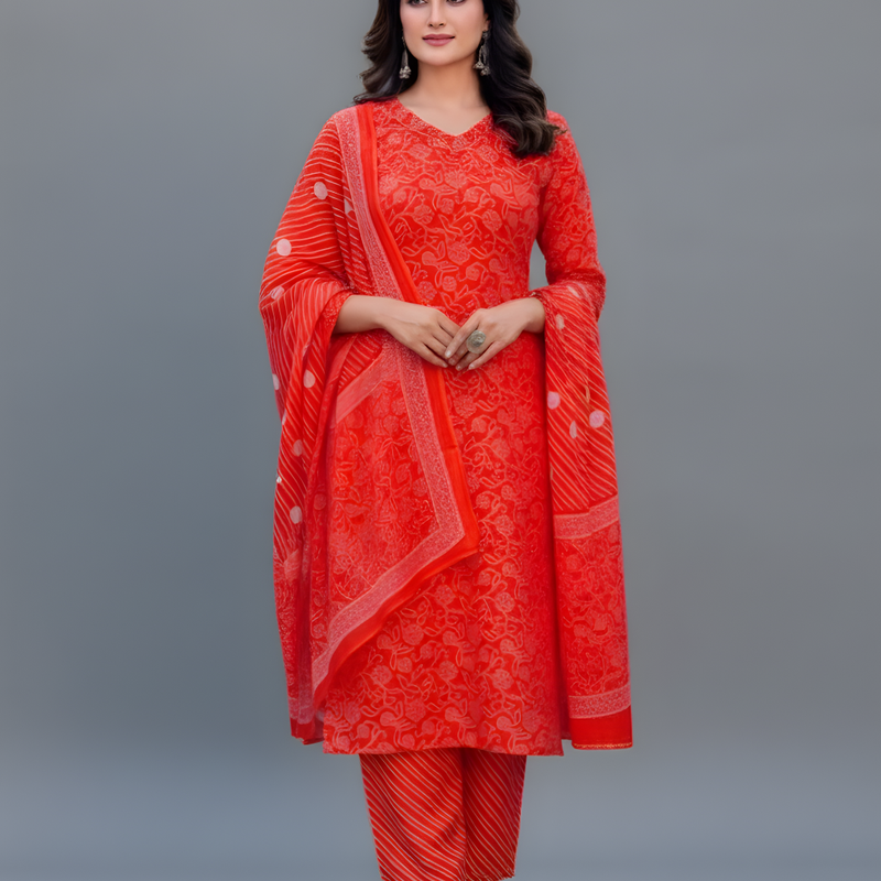 Mayawye Women's Cotton Blend Printed Kurti With Pant Dupatta Set (Orange)