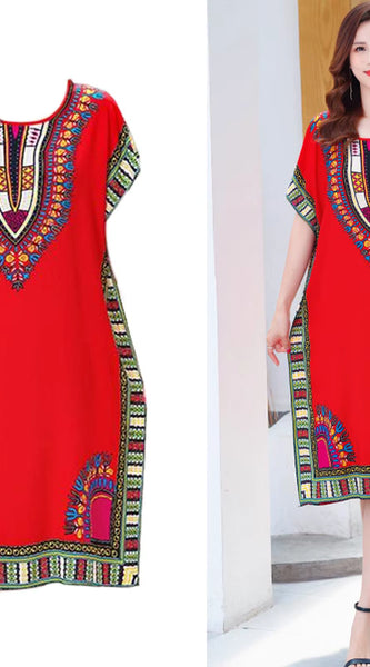 Women Summer Dress Bohemian Printed Street Wear Batwing Sleeve Loose Tunic