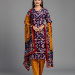 Mayawye Women's Cotton Blend Printed Kurti With Pant Dupatta Set (Navy Blue)