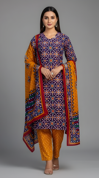 Mayawye Women's Cotton Blend Printed Kurti With Pant Dupatta Set (Navy Blue)