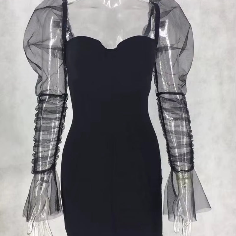 Sexy Mesh Puff Sleeve Party Dress Women Low Collar Backless Patchwork Red Mini Dress Nightclub 2020 Spring Vestidos