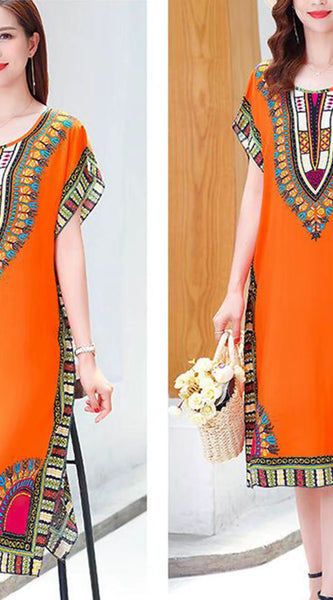 Women Summer Dress Bohemian Printed Street Wear Batwing Sleeve Loose Tunic