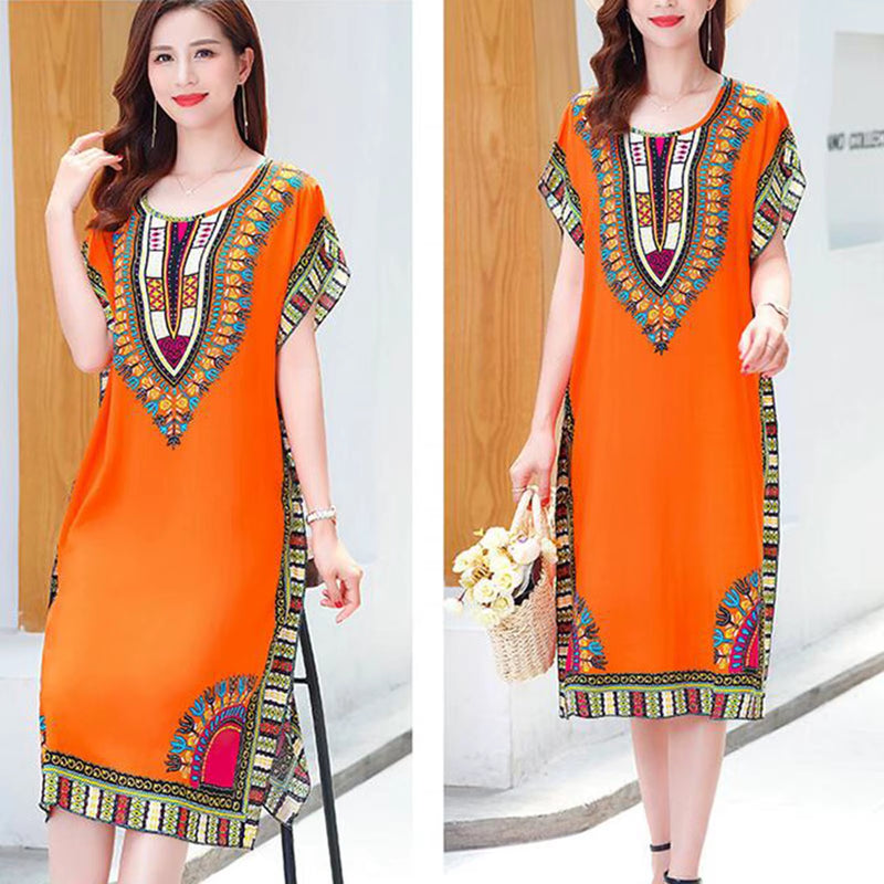 Women Summer Dress Bohemian Printed Street Wear Batwing Sleeve Loose Tunic