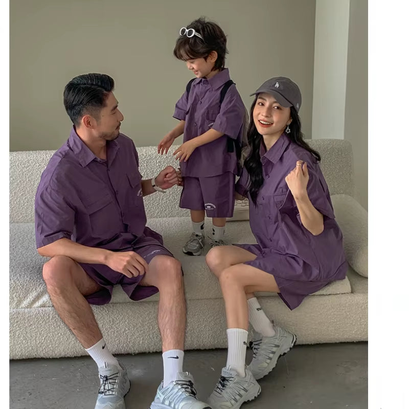 Korean Style and Daughter Son Same Shirts Shorts Outfit Fashion Family Summer Clothes2025Children'S Clothing Sets Father Mother