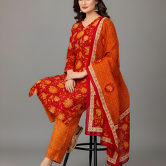 Mayawye Women's Cotton Blend Printed Kurti With Pant Dupatta Set (Maroon)