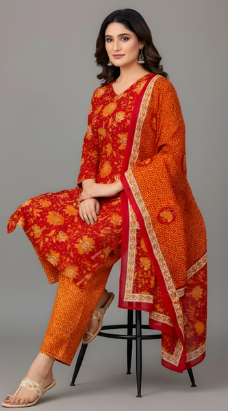 Mayawye Women's Cotton Blend Printed Kurti With Pant Dupatta Set (Maroon)