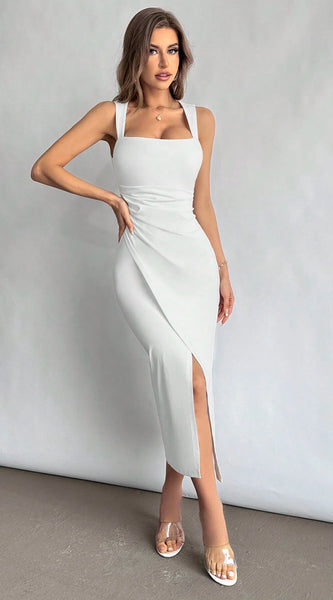 Firerie Women Square Neckline Ruched Waist Slit Dress, Elegant & Suitable for Vacation, Daily Wear or Wedding Season,Summer Dresses for Women,Tea Party Dress,White Graduation Dress