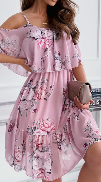 Flower Printed Ruffled Suspender Dress Summer Off-The-Shoulder Strap Dresses Women
