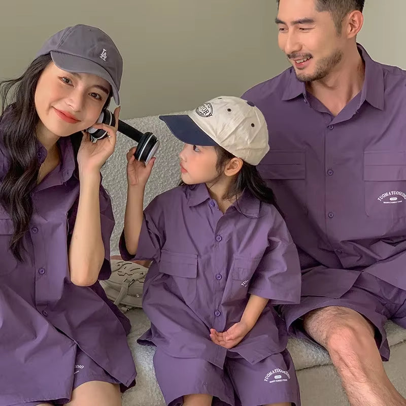 Korean Style and Daughter Son Same Shirts Shorts Outfit Fashion Family Summer Clothes2025Children'S Clothing Sets Father Mother