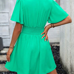 LUNE Plunging Neck Butterfly Sleeve Ruched Waist Dress