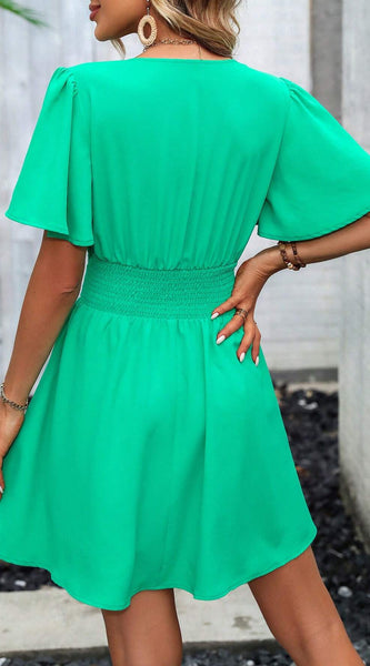 LUNE Plunging Neck Butterfly Sleeve Ruched Waist Dress