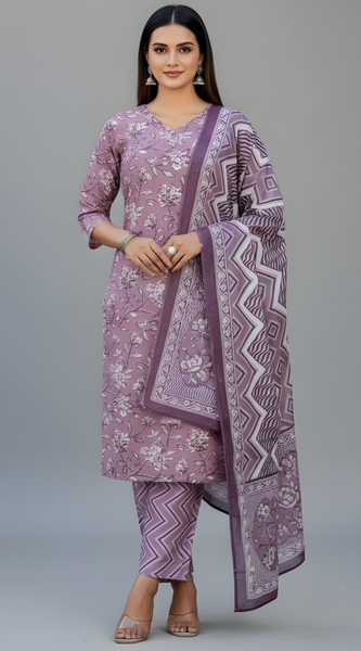 Mayawye Women's Cotton Blend Printed Kurti With Pant Dupatta Set (Lavender)