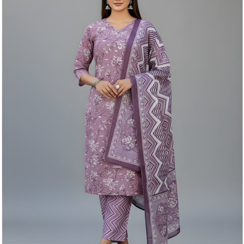 Mayawye Women's Cotton Blend Printed Kurti With Pant Dupatta Set (Lavender)
