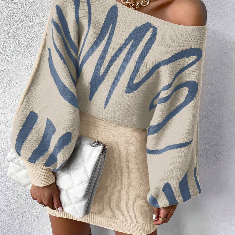 Chiquease Graphic Pattern Batwing Sleeve Sweater Dress Fall Winter Cloth for Women