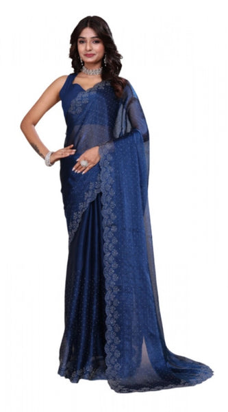 Mayawye Women's Jimmy choo Embellished Bollywood Saree With Unstitched Blouse 5.5Mtr (Blue)