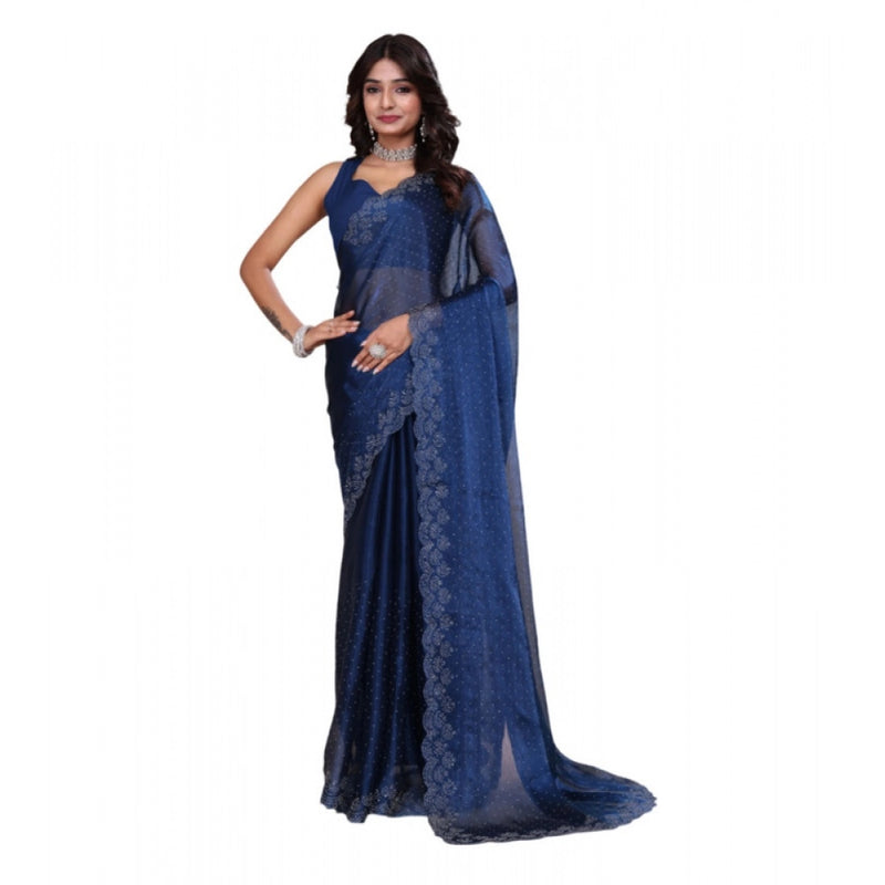 Mayawye Women's Jimmy choo Embellished Bollywood Saree With Unstitched Blouse 5.5Mtr (Blue)