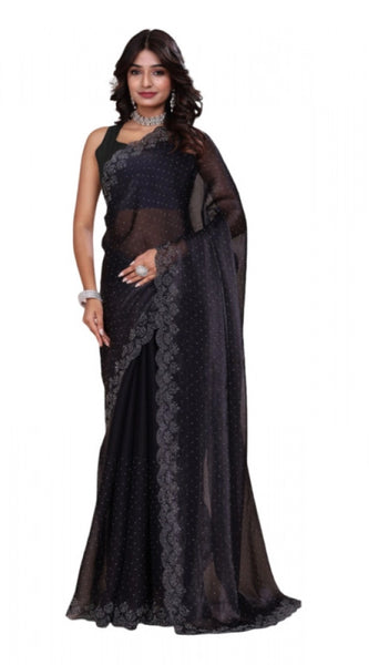 Mayawye Women's Jimmy choo Embellished Bollywood Saree With Unstitched Blouse 5.5Mtr (Black)