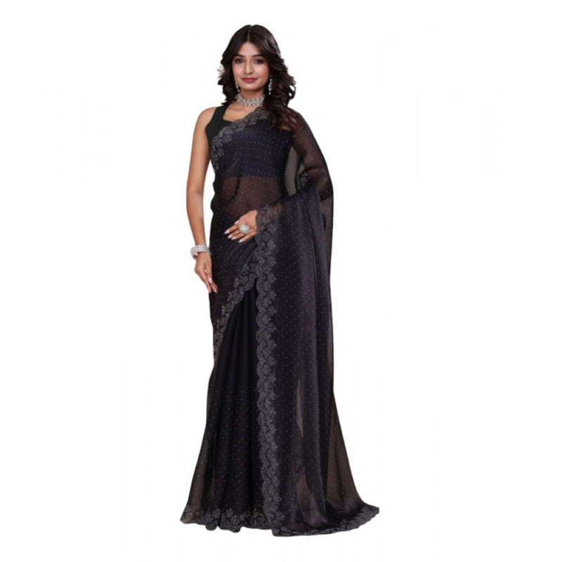 Mayawye Women's Jimmy choo Embellished Bollywood Saree With Unstitched Blouse 5.5Mtr (Black)