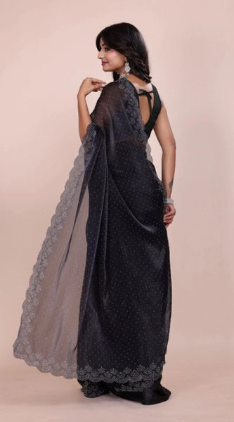 Mayawye Women's Jimmy choo Embellished Bollywood Saree With Unstitched Blouse 5.5Mtr (Black)