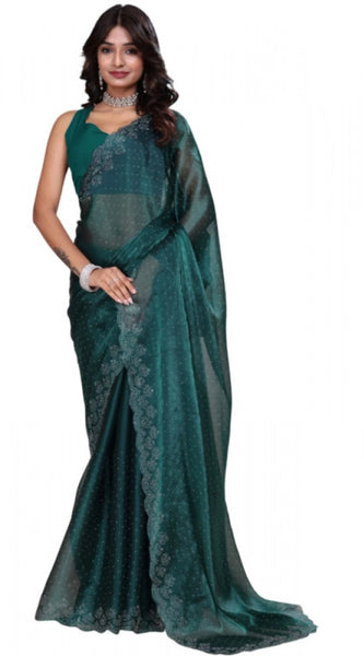 Mayawye Women's Jimmy choo Embellished Bollywood Saree With Unstitched Blouse 5.5Mtr (Green)