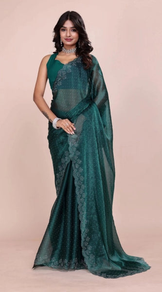 Mayawye Women's Jimmy choo Embellished Bollywood Saree With Unstitched Blouse 5.5Mtr (Green)