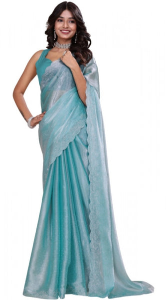 Mayawye Women's Jimmy choo Embellished Bollywood Saree With Unstitched Blouse 5.5Mtr (Light Blue)