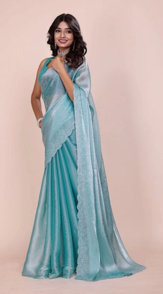 Mayawye Women's Jimmy choo Embellished Bollywood Saree With Unstitched Blouse 5.5Mtr (Light Blue)