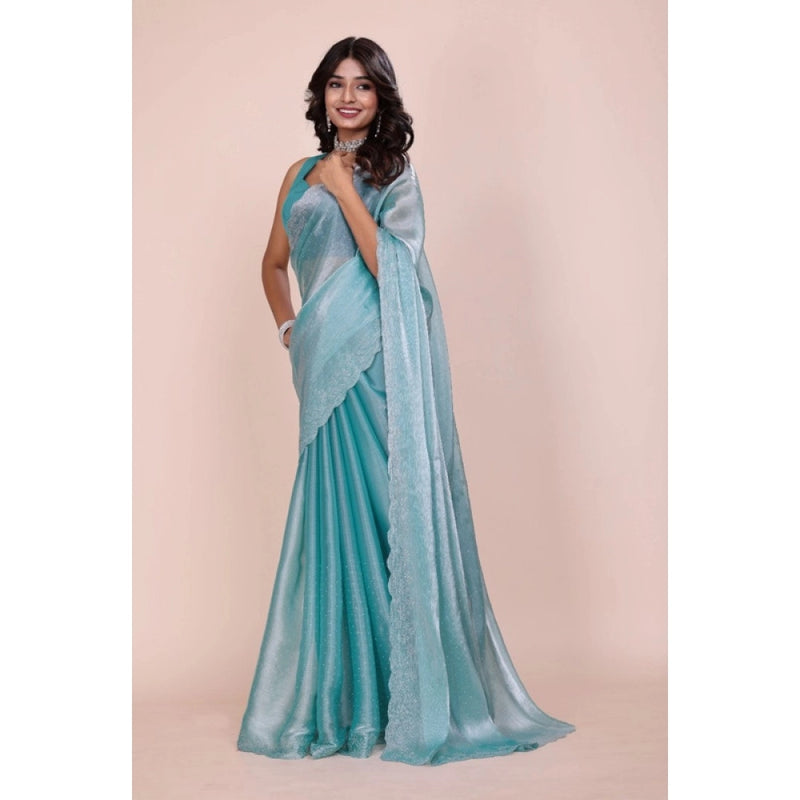 Mayawye Women's Jimmy choo Embellished Bollywood Saree With Unstitched Blouse 5.5Mtr (Light Blue)