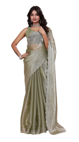 Mayawye Women's Jimmy choo Embellished Bollywood Saree With Unstitched Blouse 5.5Mtr (Light Green)