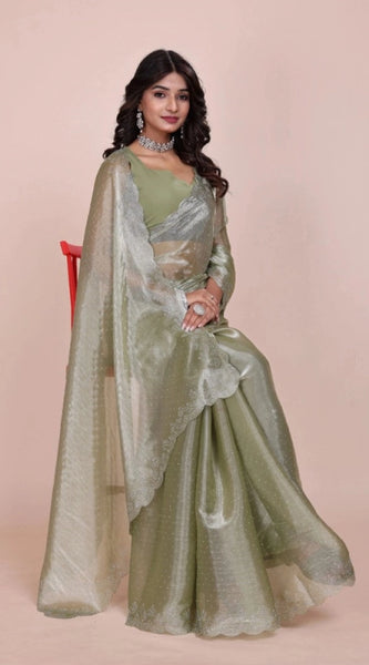 Mayawye Women's Jimmy choo Embellished Bollywood Saree With Unstitched Blouse 5.5Mtr (Light Green)