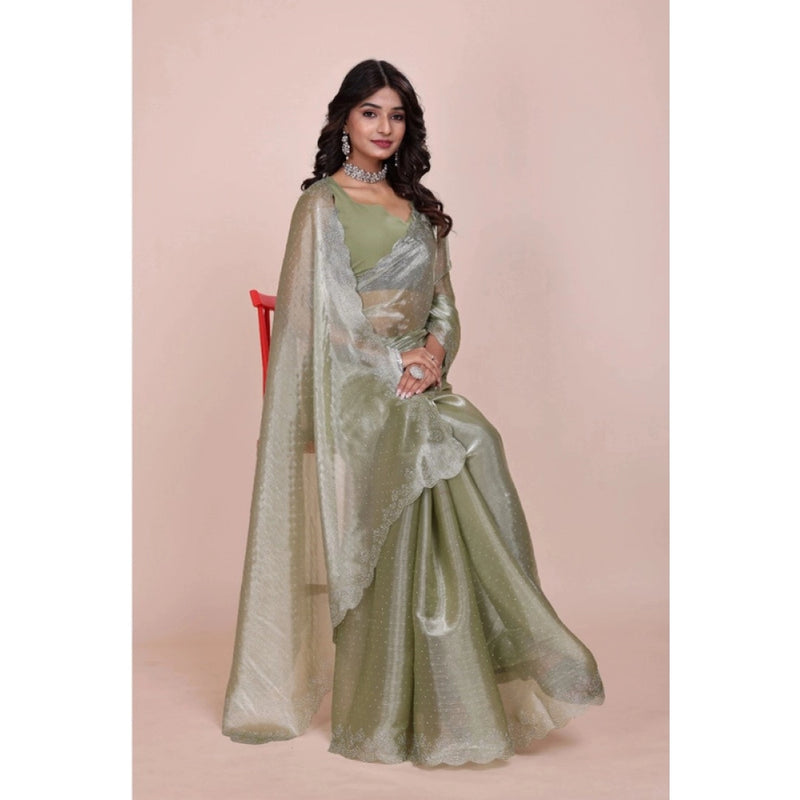 Mayawye Women's Jimmy choo Embellished Bollywood Saree With Unstitched Blouse 5.5Mtr (Light Green)