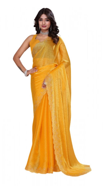 Mayawye Women's Jimmy choo Embellished Bollywood Saree With Unstitched Blouse 5.5Mtr (Mustard)