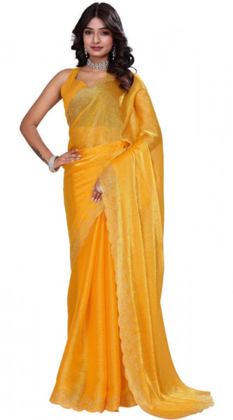 Mayawye Women's Jimmy choo Embellished Bollywood Saree With Unstitched Blouse 5.5Mtr (Mustard)