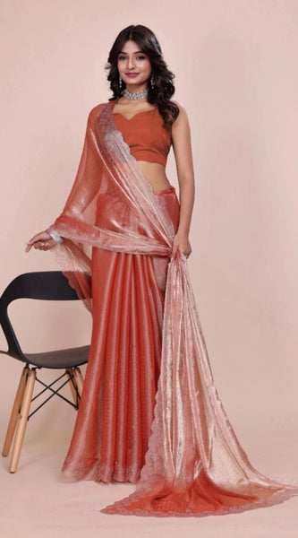 Mayawye Women's Jimmy choo Embellished Bollywood Saree With Unstitched Blouse 5.5Mtr (Orange)