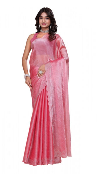 Mayawye Women's Jimmy choo Embellished Bollywood Saree With Unstitched Blouse 5.5Mtr (Pink)