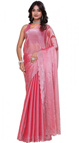 Mayawye Women's Jimmy choo Embellished Bollywood Saree With Unstitched Blouse 5.5Mtr (Pink)